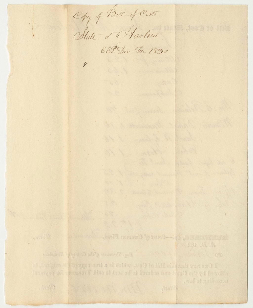 Miniature of State of Maine v. James M. Harlow, Bill of Cost in the Court of Common Pleas in Kennebec, December Term 1836