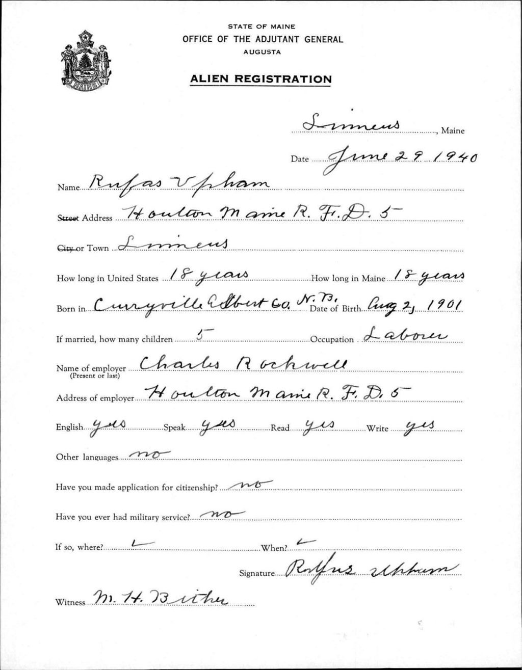 Miniature of Alien Registration- Upham, Rufus (Limestone, Aroostook County)