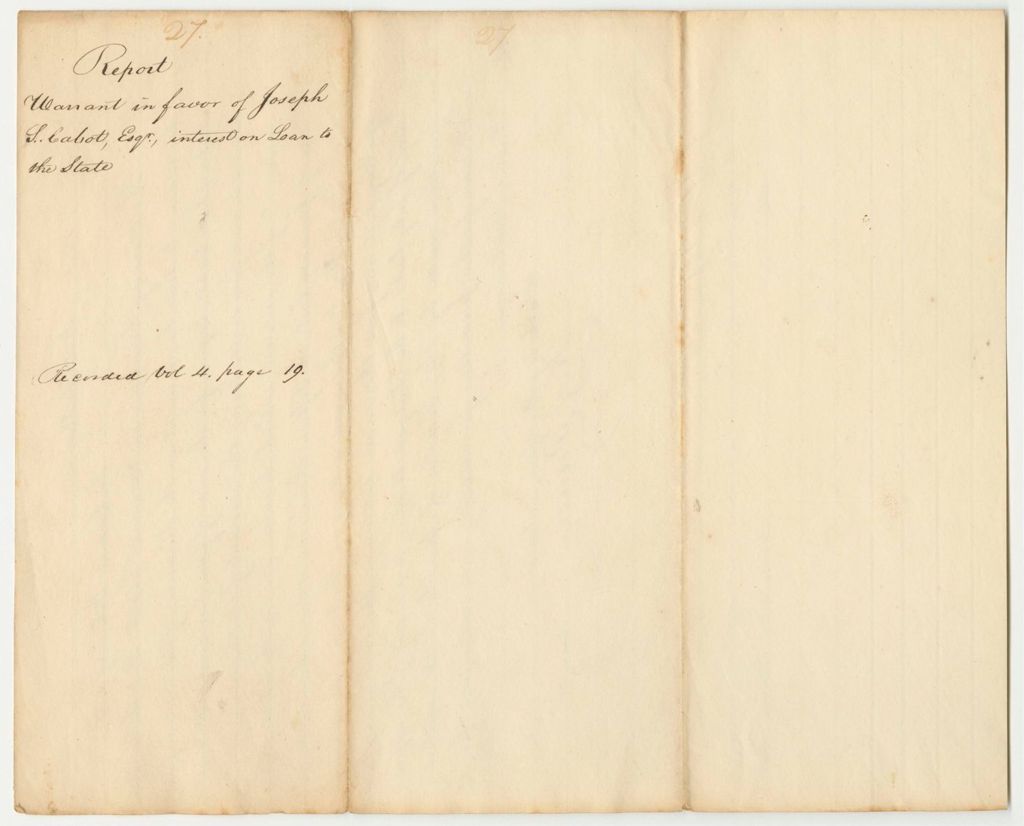 Miniature of Report 27: Report on the Warrant in Favor of Joseph S. Cabot for Interest on a Loan to the State