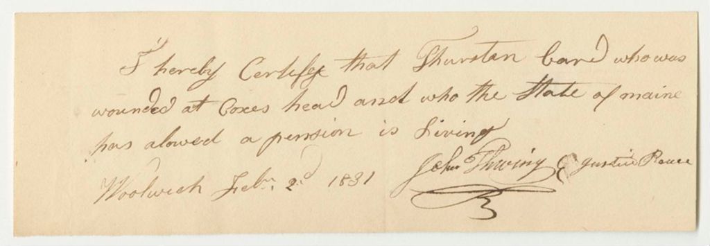 Miniature of Certificate of John Thwing for the Pension of Thurston Card