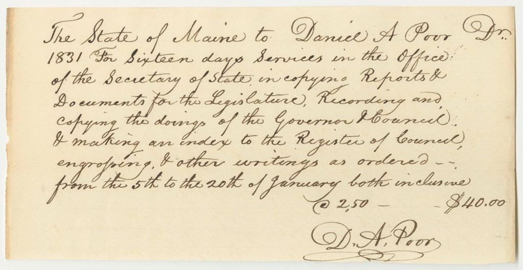 Miniature of Account of Daniel A. Poor, for Work as Clerk in the Secretaty of State's Office