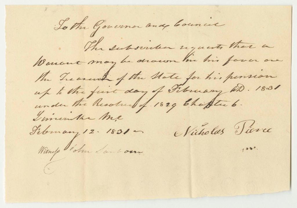 Miniature of Request for a Warrant in Favor of Nicholas Pierce for a Pension
