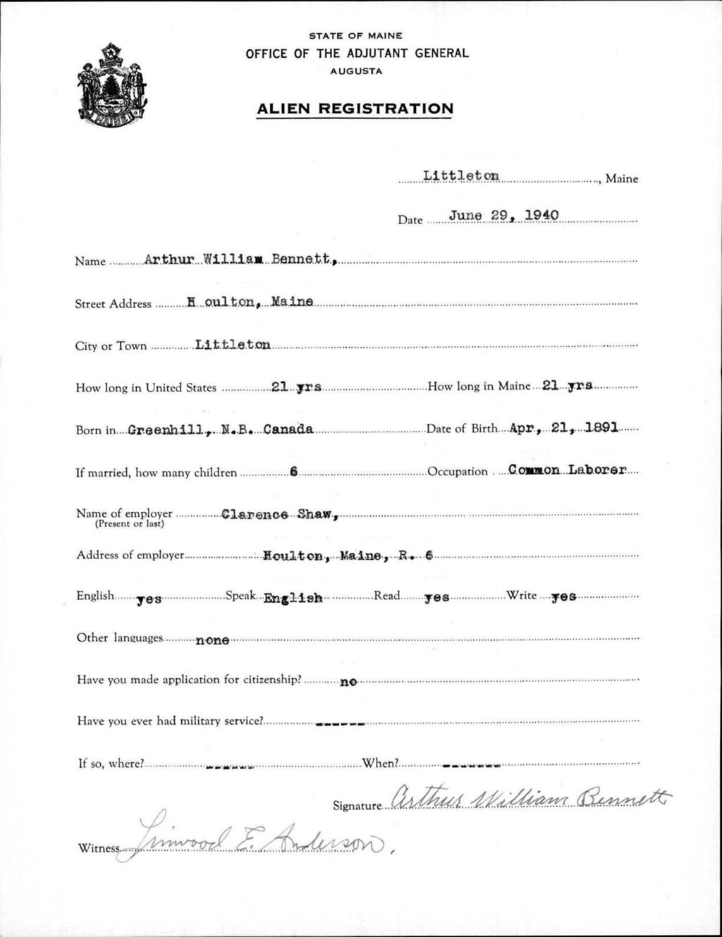 Miniature of Alien Registration- Bennett, Arthur W. (Limestone, Aroostook County)