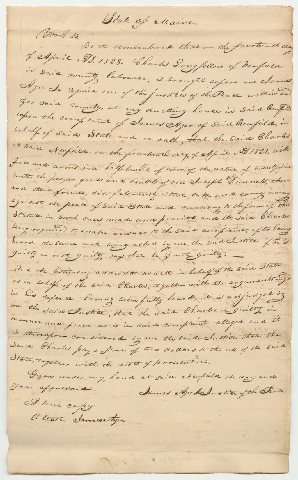 Miniature of State of Maine v. Charles Longfellow, Copy of Record