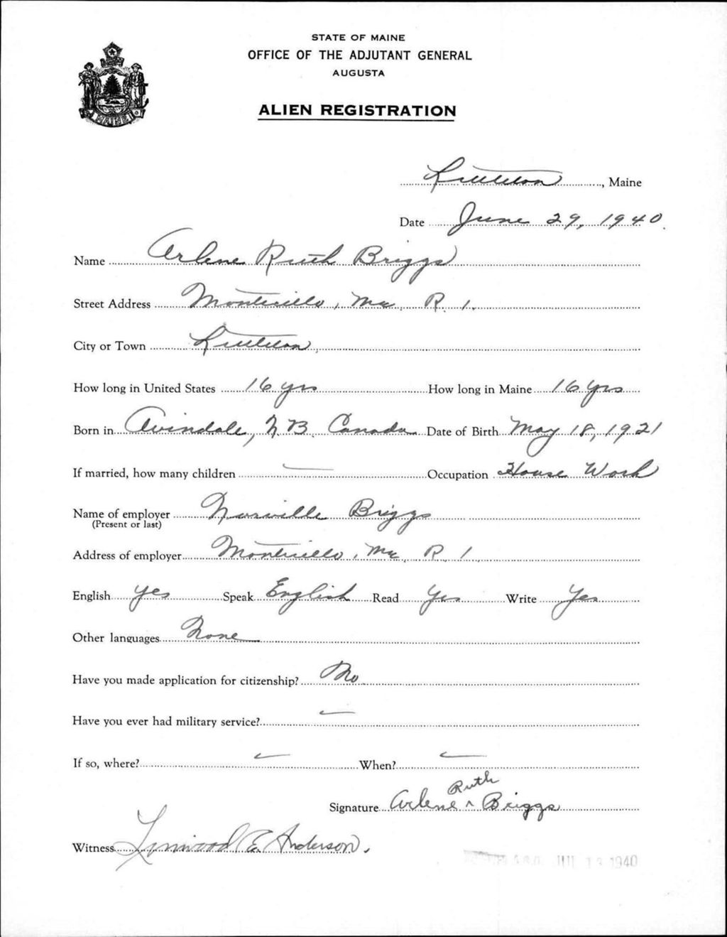 Miniature of Alien Registration- Briggs, Arlene R. (Limestone, Aroostook County)