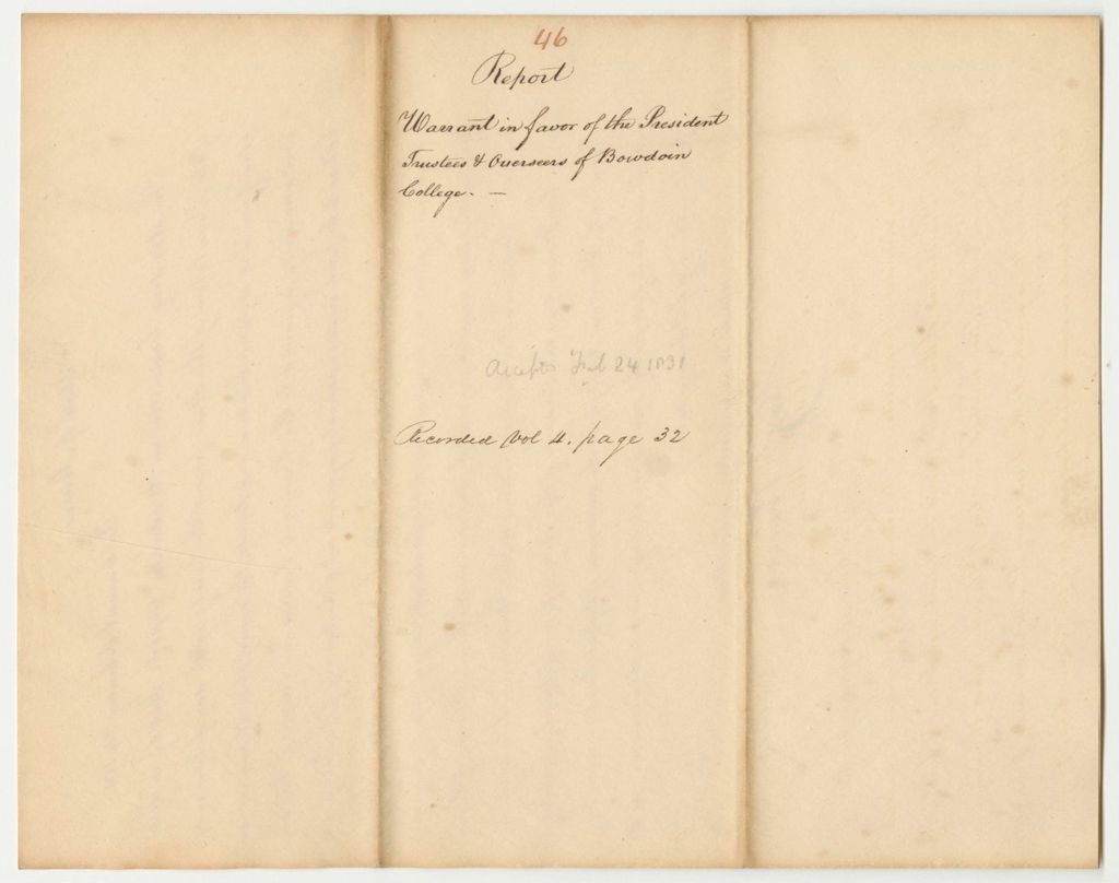 Miniature of Report 46: Report on the Warrant in Favor of the President, Trustees and Overseers of Bowdoin College
