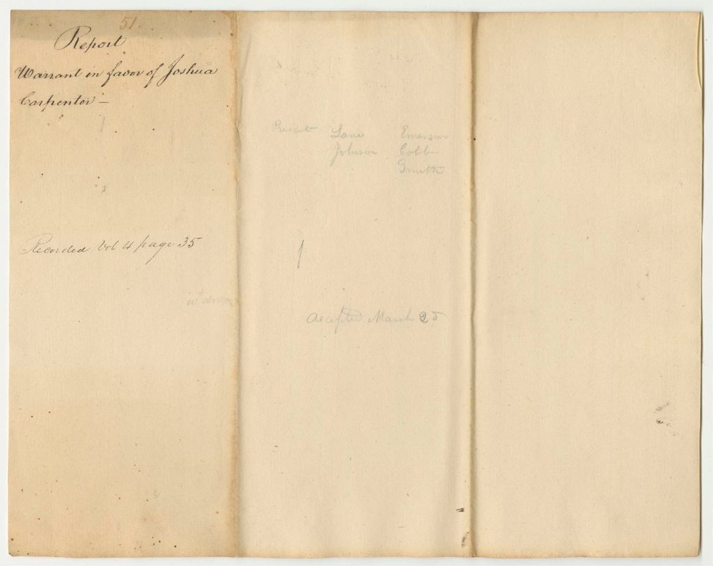 Miniature of Report 51: Report on the Warrant in Favor of Joshua Carpenter as Agent for the Mattanawcook Road