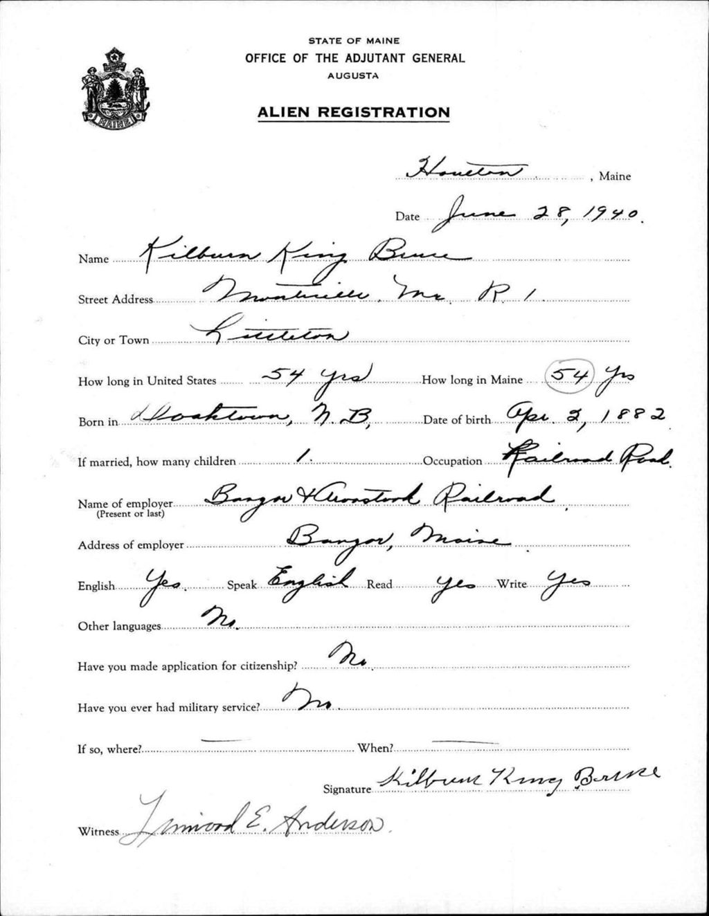 Miniature of Alien Registration- Bruce, Kilburn K. (Limestone, Aroostook County)