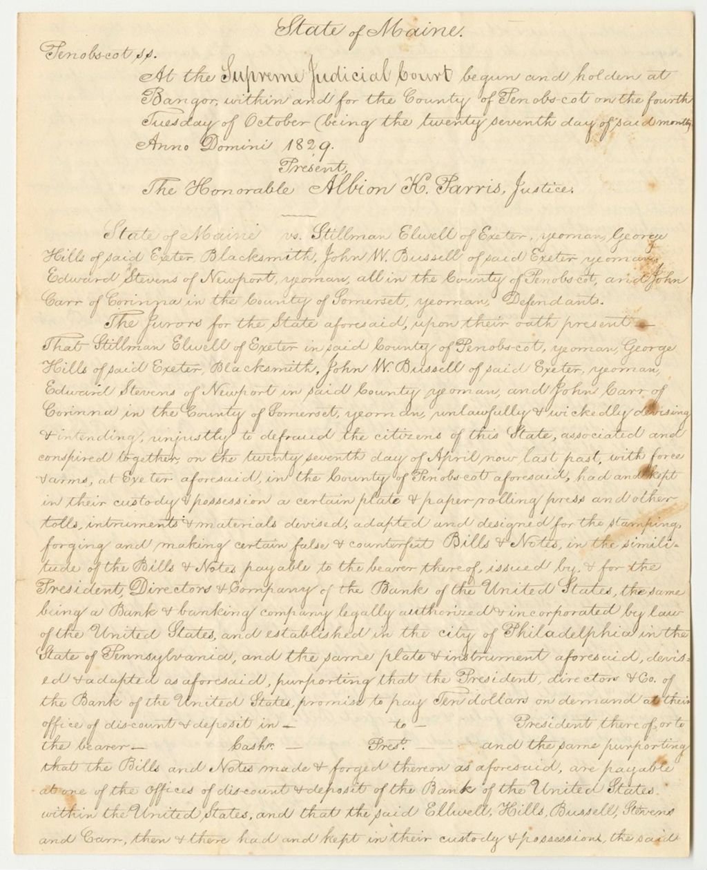 Miniature of State v. Stillman Elwell, George Hills, John W. Russell, Edward Stevens, and John Carr, Copy of Judgement