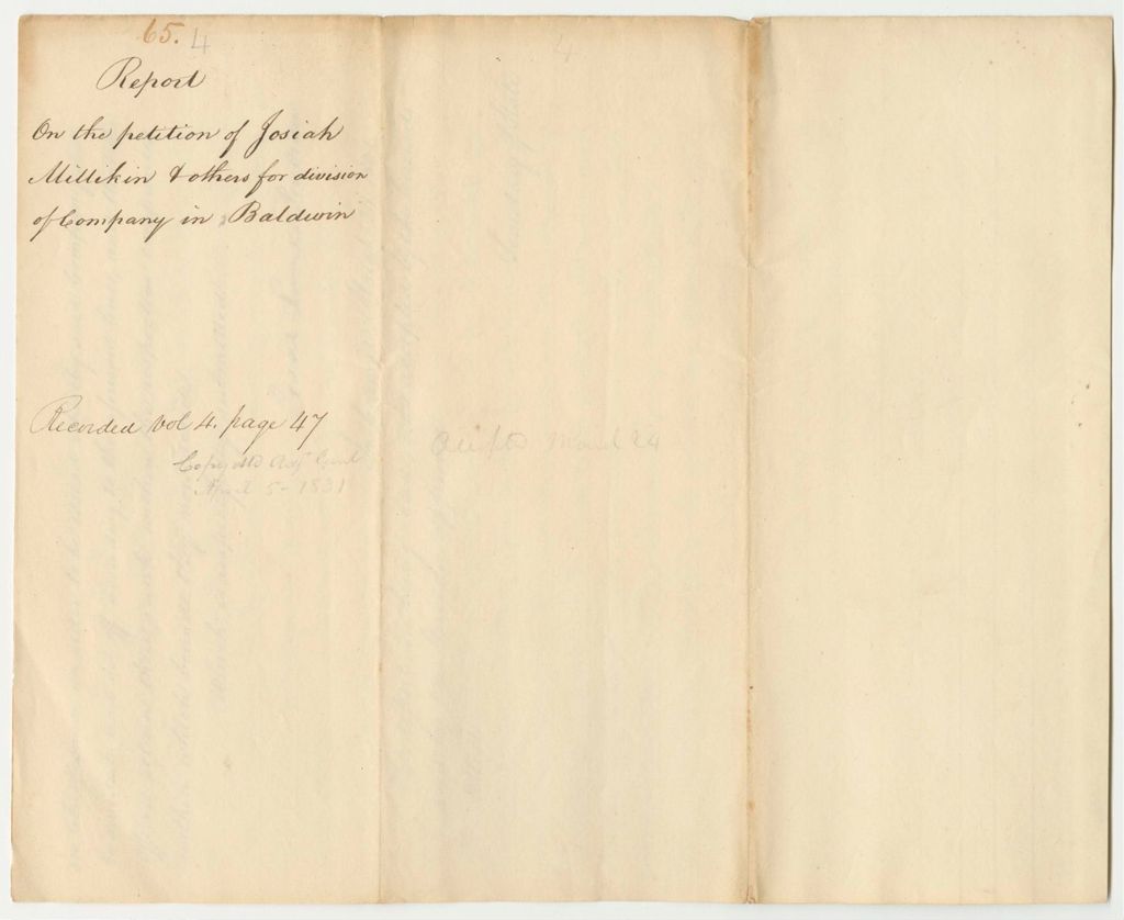 Miniature of Report 65: Report on the Petition of Josiah Milliken and Others for a Division of the Militia Company in Baldwin