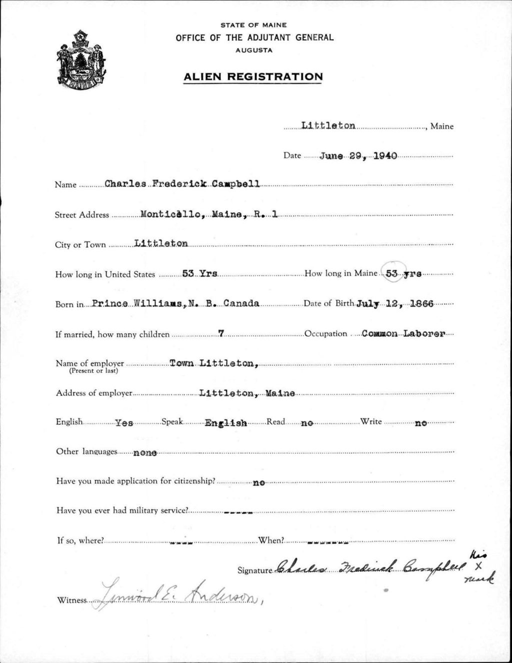 Miniature of Alien Registration- Campbell, Charles F. (Limestone, Aroostook County)