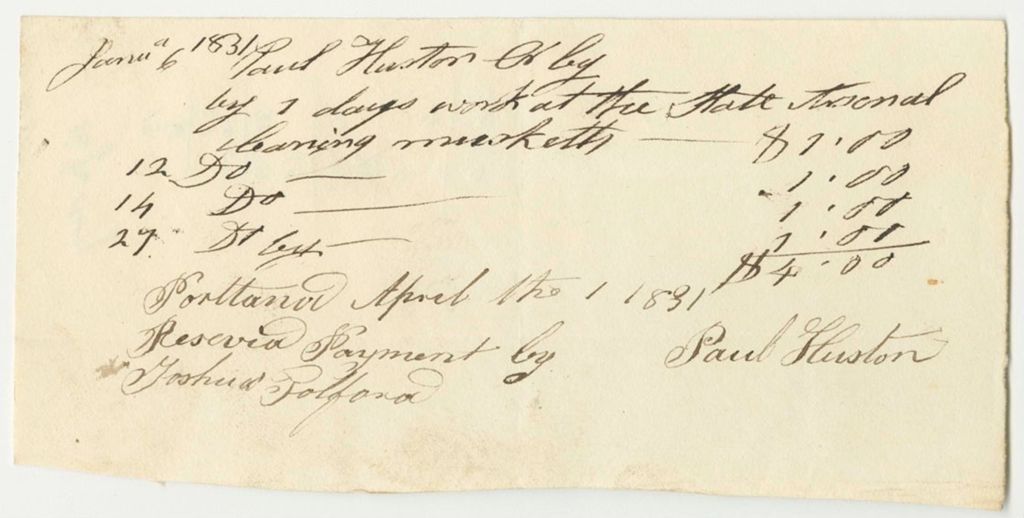 Miniature of Receipt from Paul Huston for Work at the State House, Paid by Joshua Tolford