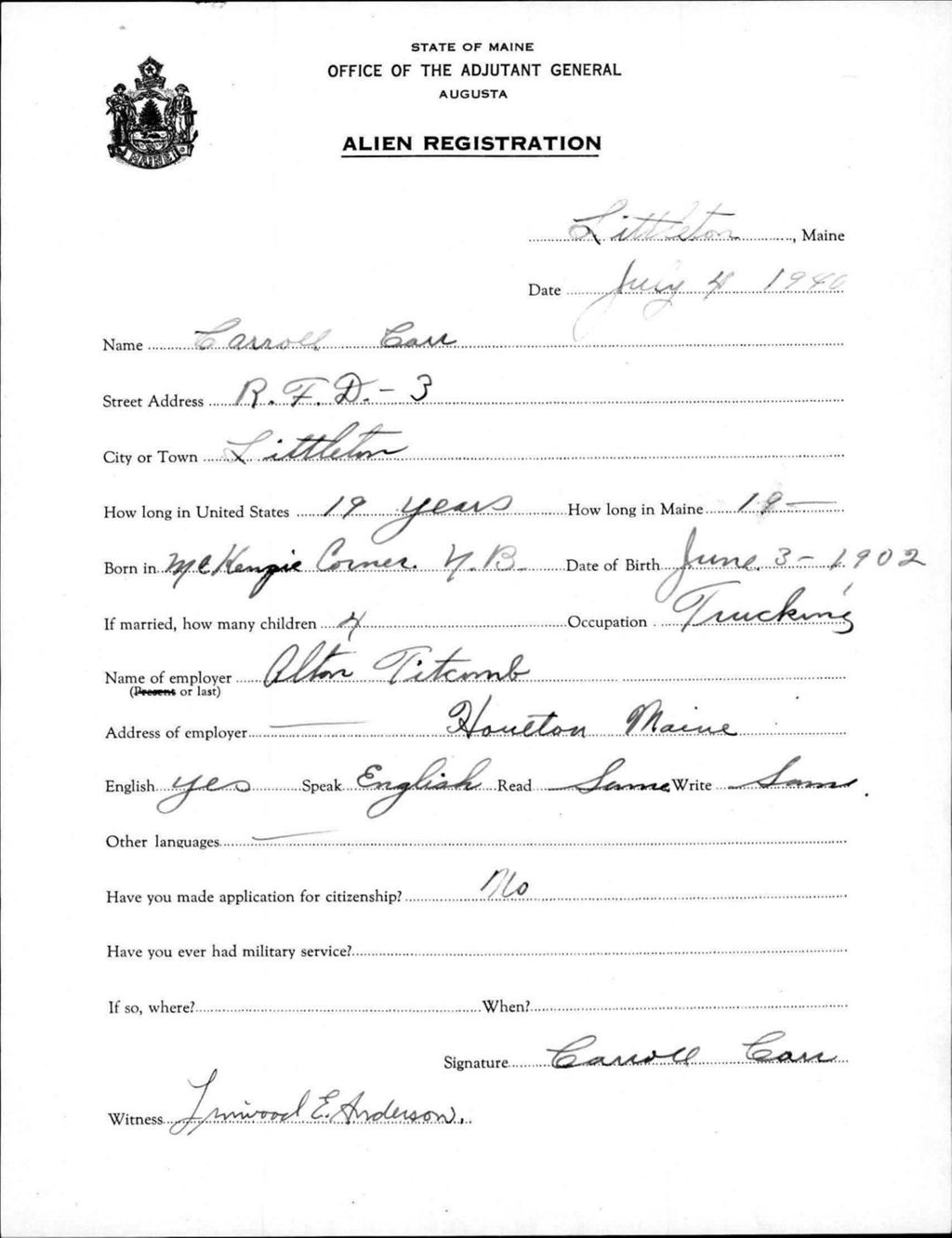 Miniature of Alien Registration- Carr, Carroll (Limestone, Aroostook County)