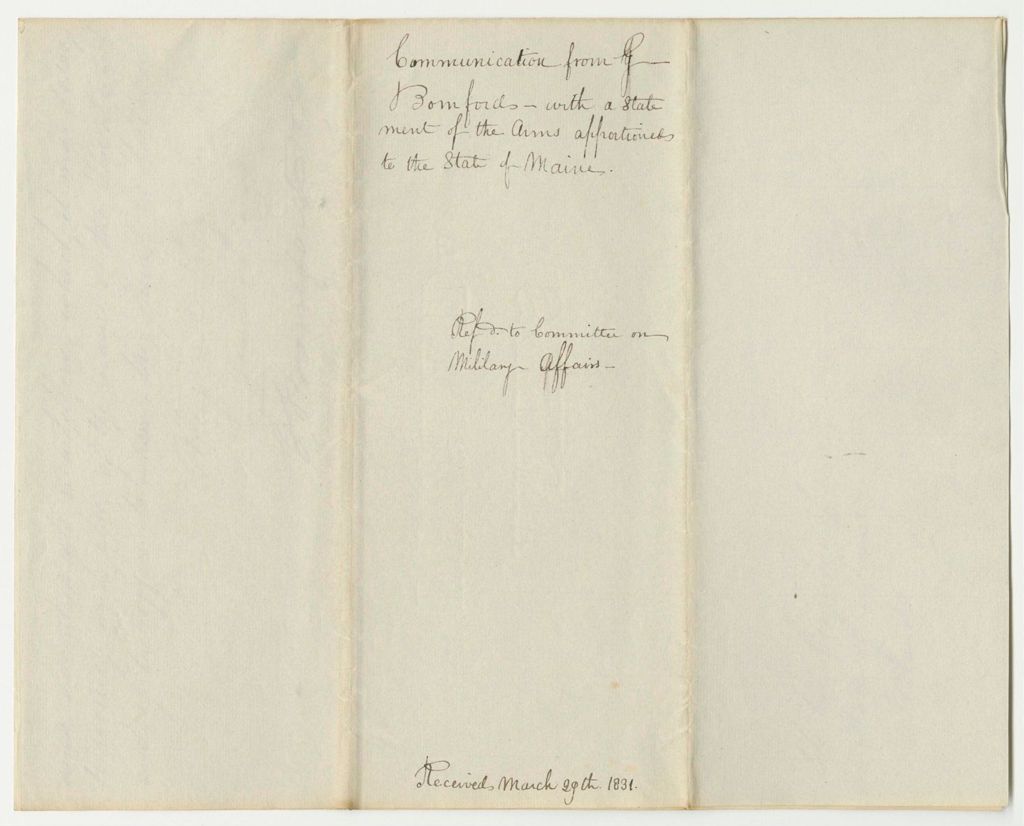 Miniature of Communication from G. Bomford, with a Statement of the Arms Apportioned to the State of Maine