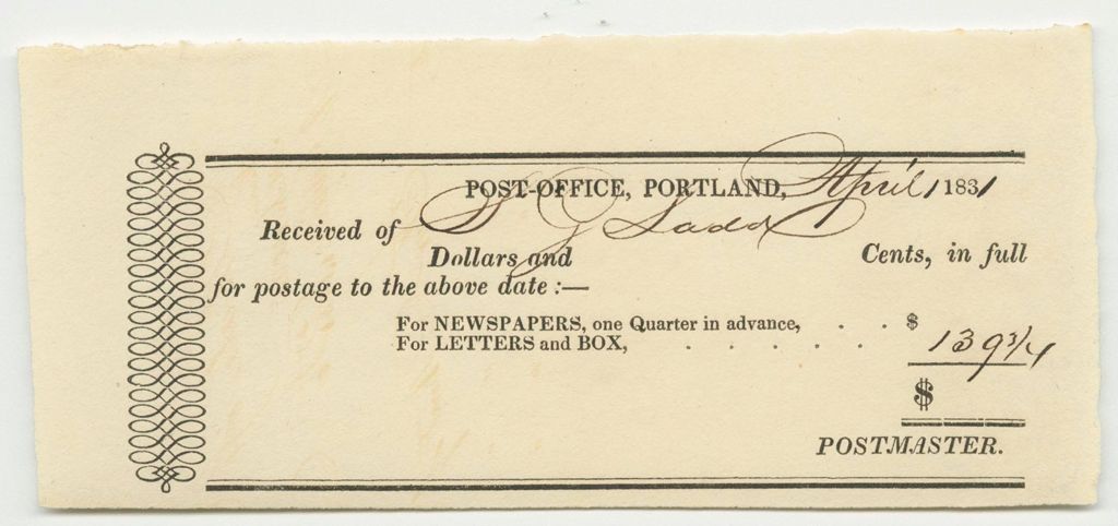 Miniature of Receipt from the Post-Office of Portland for Postage, Paid by S.G. Ladd
