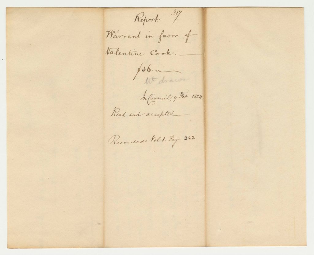 Miniature of Report 317: Report on the Warrant in Favor of Valentine Cook for a Pension