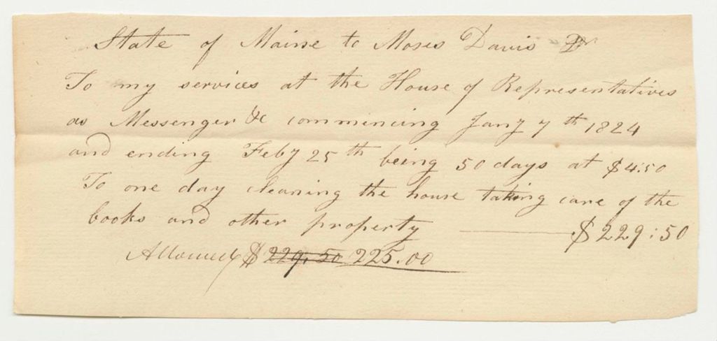 Miniature of Receipt for Moses Davis for Services as a Messenger at the House of Representatives