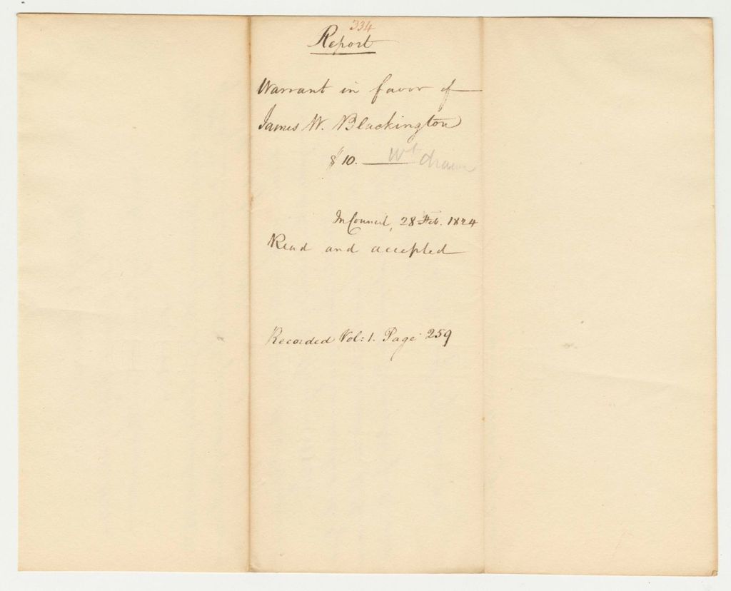 Miniature of Report 334: Report on the Warrant in Favor of James W. Blackington