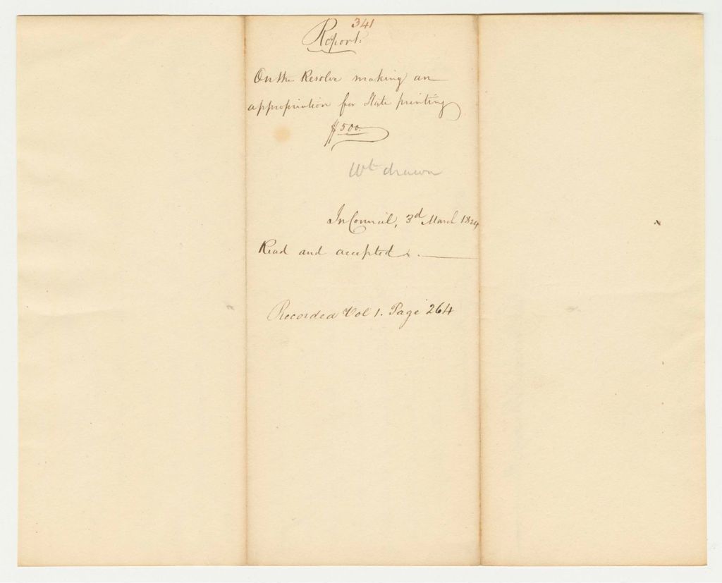 Miniature of Report 341: Report on the Resolve Making an Appropriation for Senate Printing