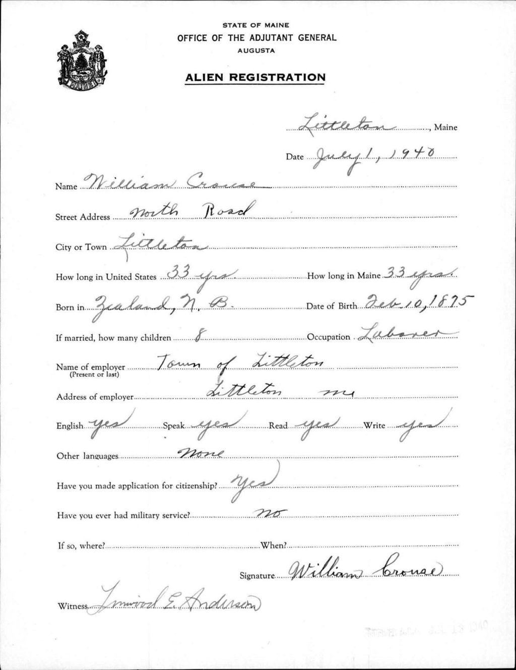 Miniature of Alien Registration- Crouse, William (Limestone, Aroostook County)