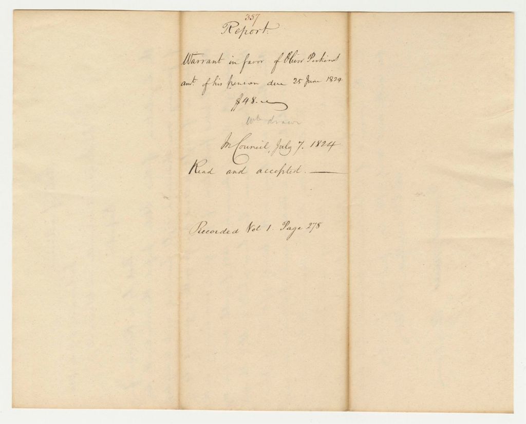 Miniature of Report 357: Report on the Warrant in Favor of Oliver Perkins for a Pension