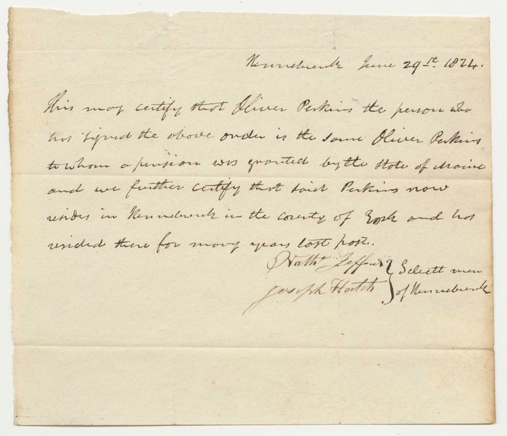 Miniature of Selectmen of Kennebunk Certification of the Pension of Oliver Perkins