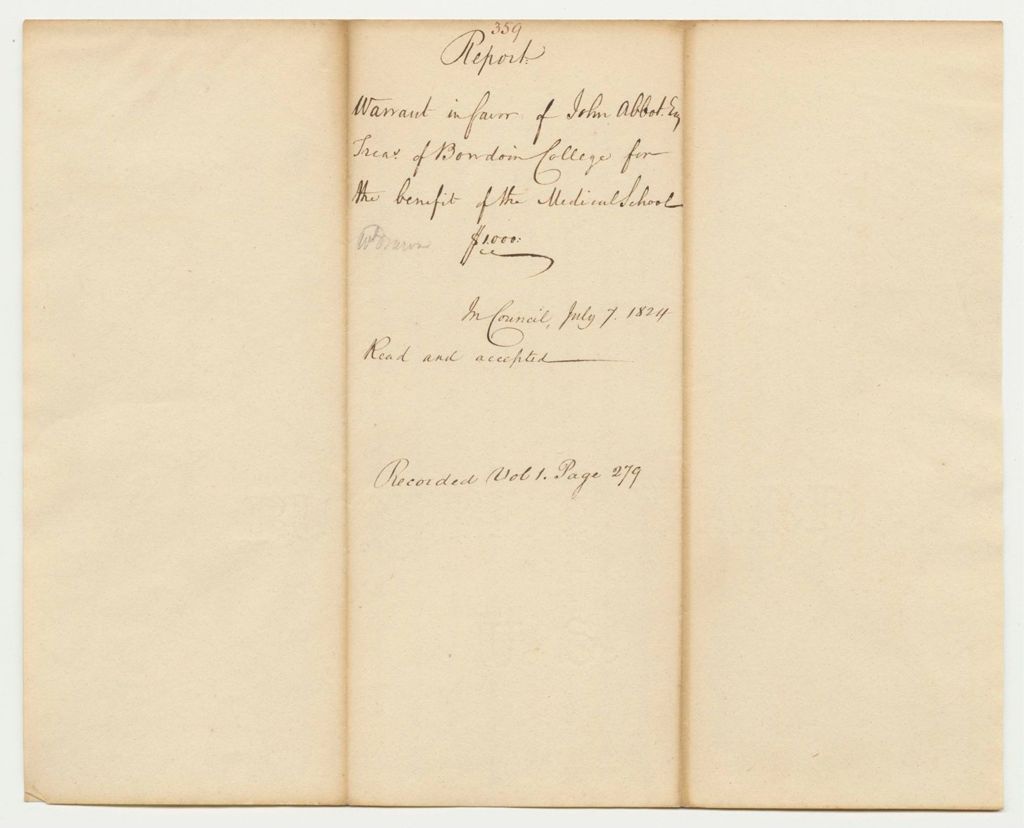 Miniature of Report 359: Report on the Warrants in Favor of John Abbot, Esq., Treasurer of Bowdoin College for the Benefit of the Medical School