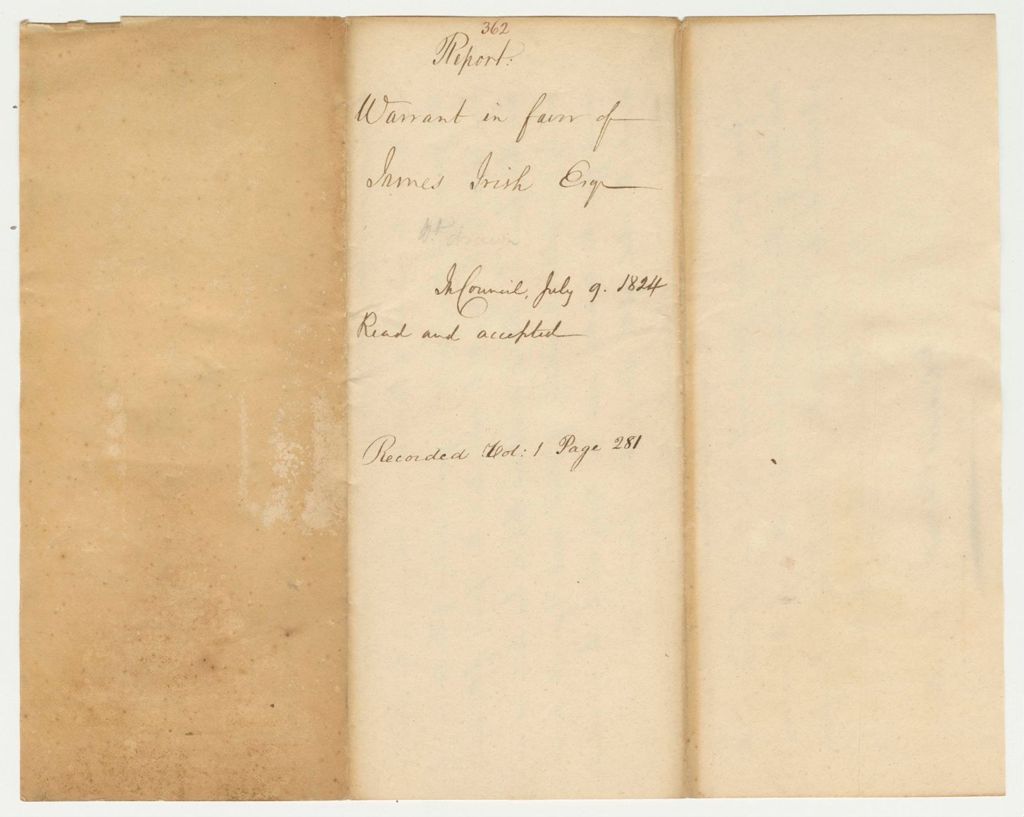 Miniature of Report 362: Report on the Warrant in Favor of James Irish, Agent for Opening a Road From Passadunkeag River