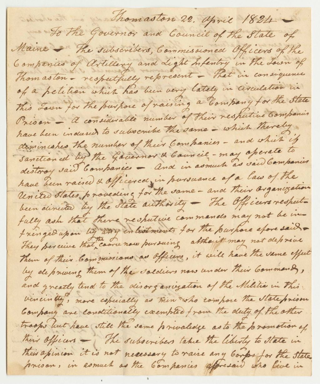 Miniature of Letter from the Commissioned Officers of the Companies of Artillery and Light Infantry of Thomaston Regarding the Petition to Raise a Company for the State Prison