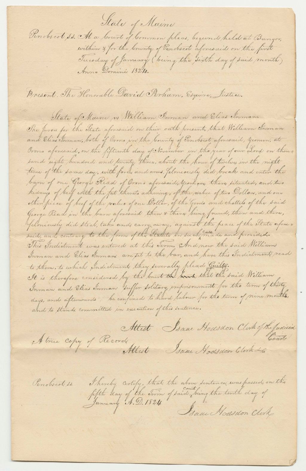 Miniature of Copy of Sentence for State of Maine vs. William Inman
