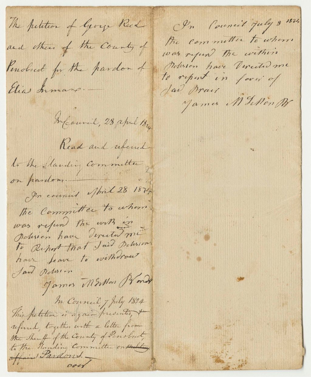Miniature of Petition of George Reed and Others of the County of Penobscot for the Pardon of Elias Inman