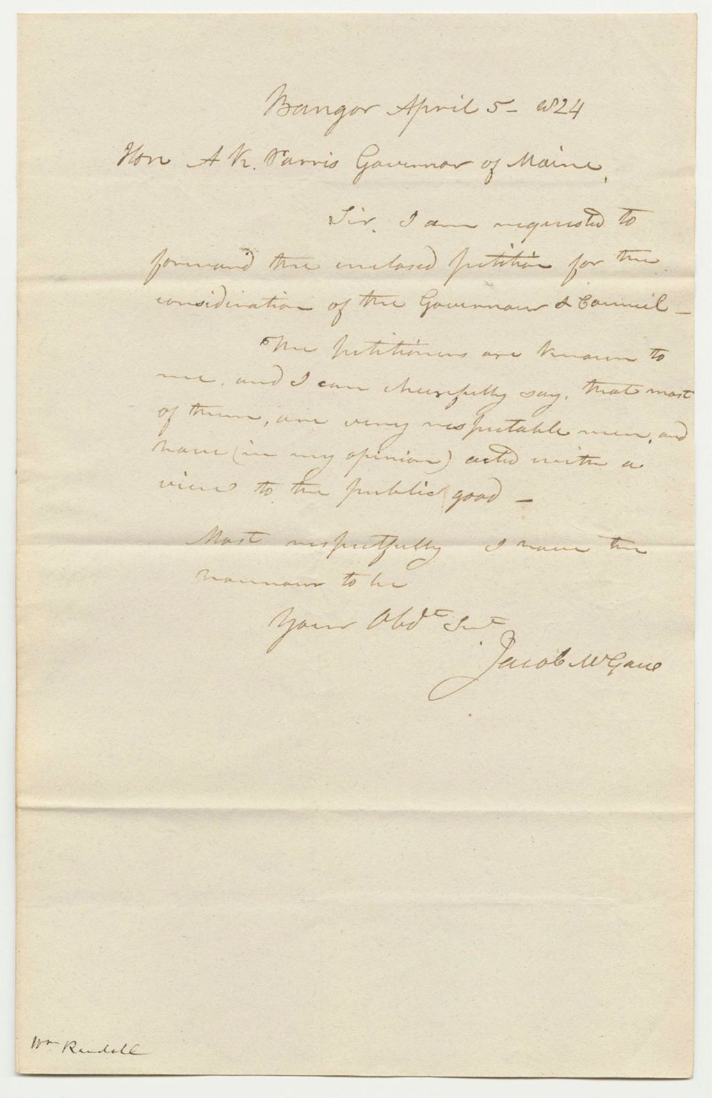 Miniature of Letter from Jacob W. Gane Regarding the Petition to Pardon Elias Inman