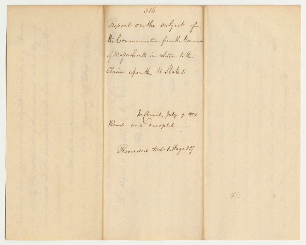 Miniature of Report 316: Report on the Subject of the Communication from the Governor of Massachusetts in Relation to the Claim Upon the United States
