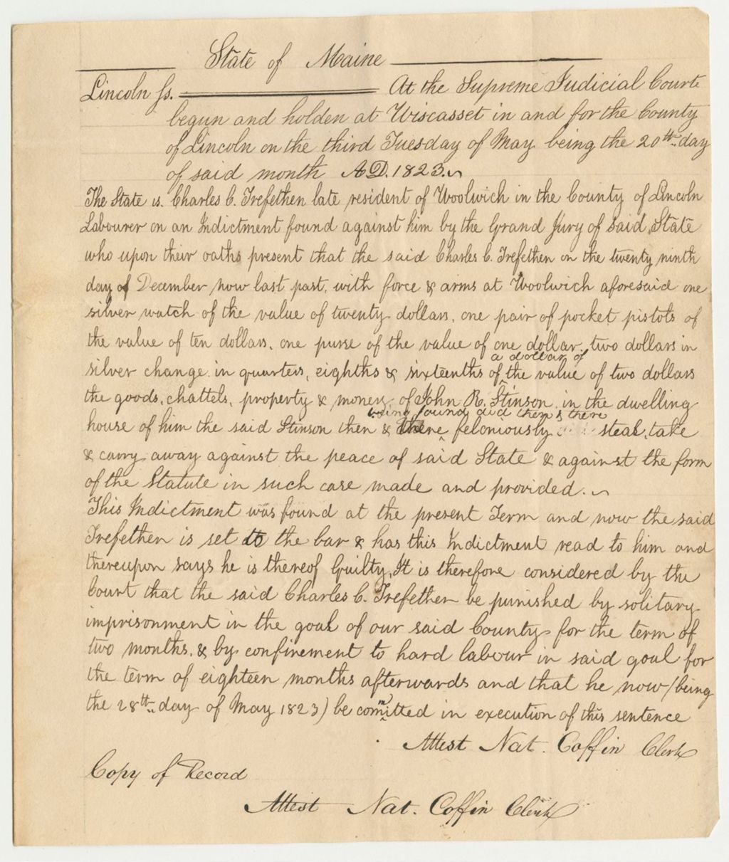 Miniature of Copy of Sentence for State of Maine vs. Charles C. Trefethen