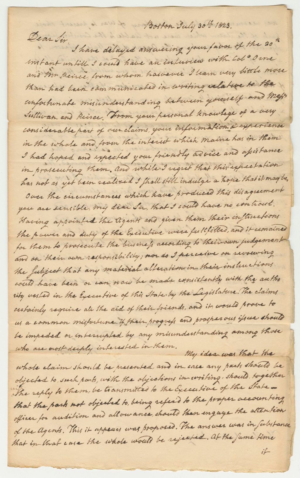 Miniature of Letter from W. Eustis to William King Regarding the Massachusetts Claim