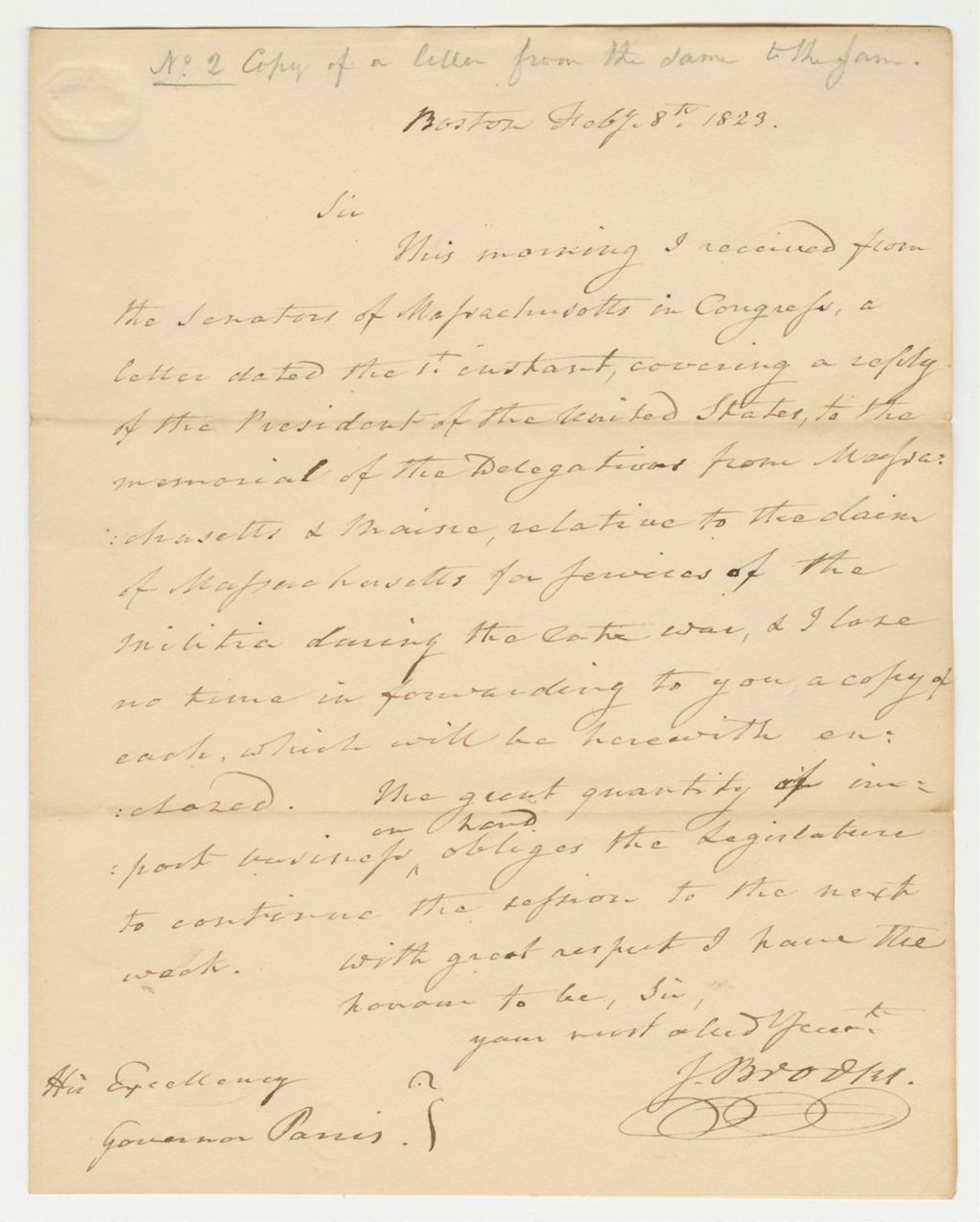 Miniature of Letter from John Brooks, Governor of Massachusetts, to Albion Paris, Governor of Maine, Forwarding the Communications in Relation to the Claim Upon the United States