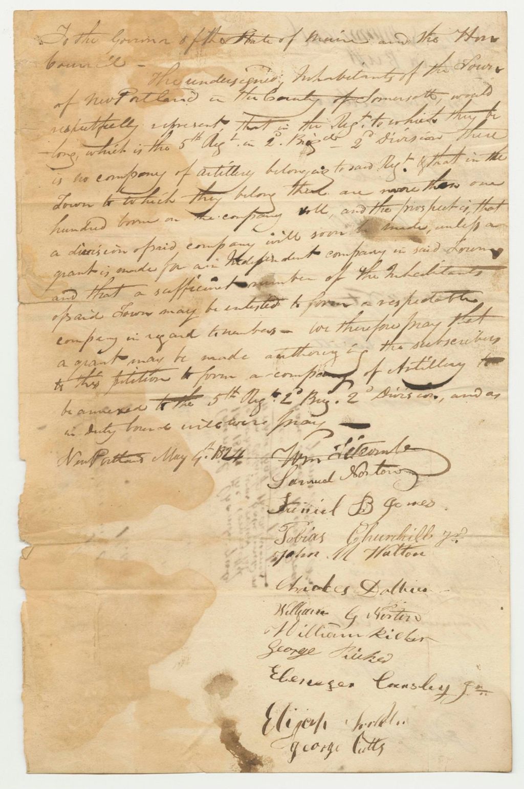 Miniature of Petition of William Titcomb and Others for a Company of Artillery in New Portland