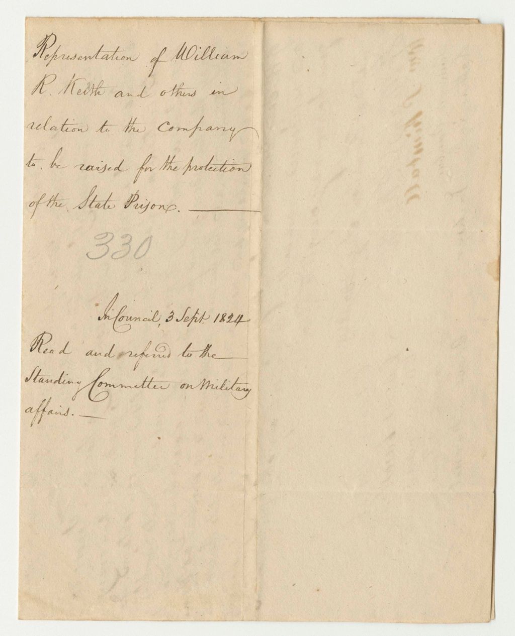 Miniature of Representation of William R. Keith and Others in Relation to the Company to be Riased for the Protection of the State Prison