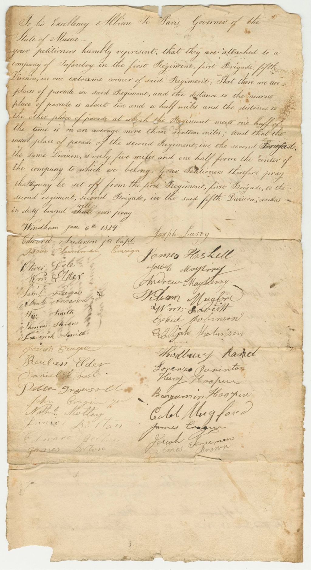 Miniature of Petition of the Soldiers of a Company of Infantry in Windham Praying to be Set Off from the Fist Regiment First Brigade and Fifth Division and Annexed to the Second Regiment Second Brigade and Fifth Division