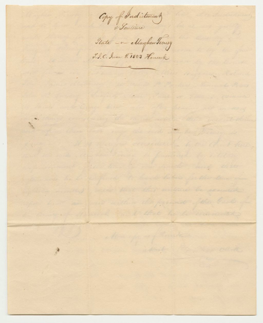 Miniature of Copy of Indictment and Sentence for State of Maine vs. Mayhew Tecusy