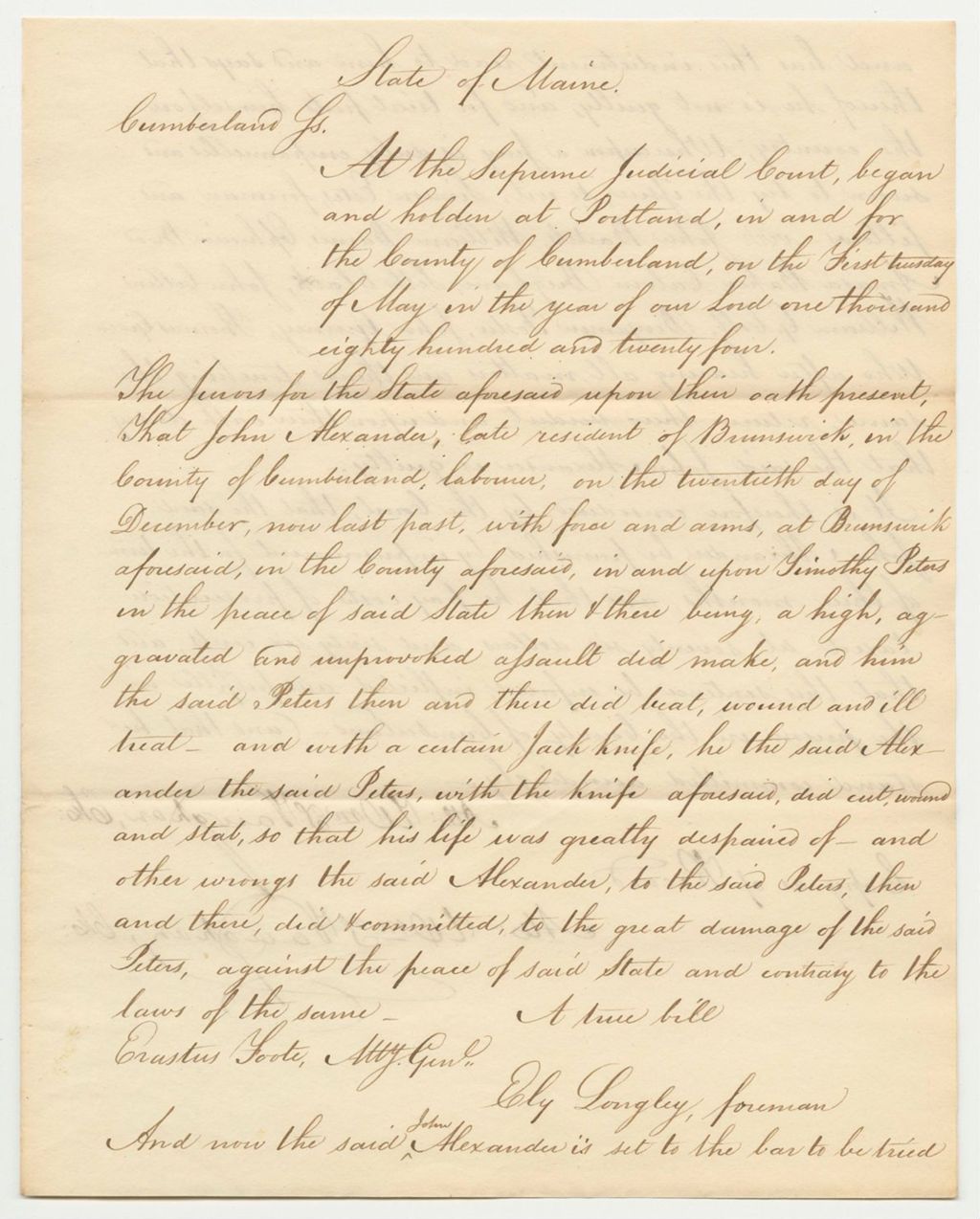 Miniature of Copy of Sentence for State of Maine vs. John Alexander