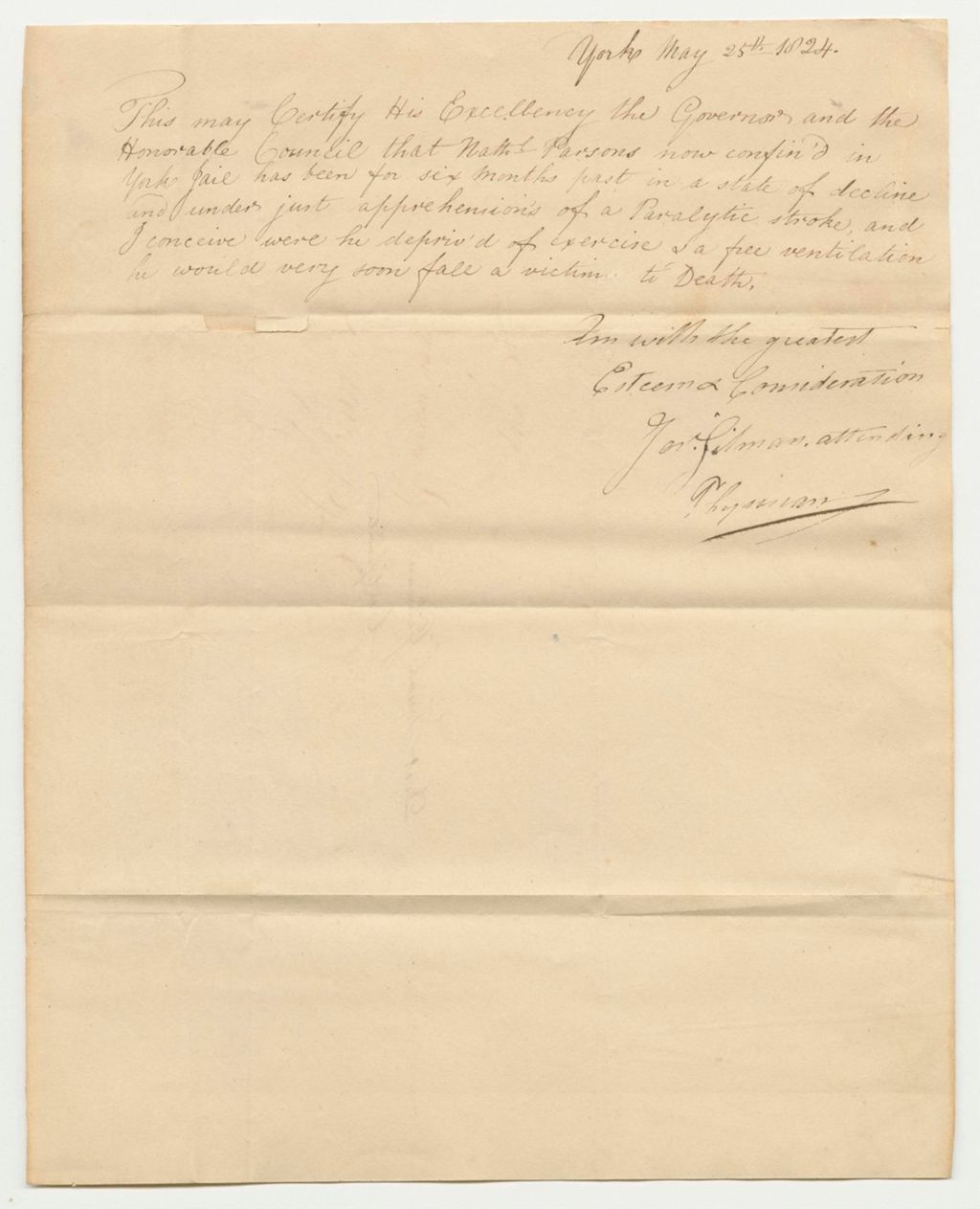 Miniature of Doctor Josiah Gilman Certification of the Health of Nathaniel Parsons in Prison