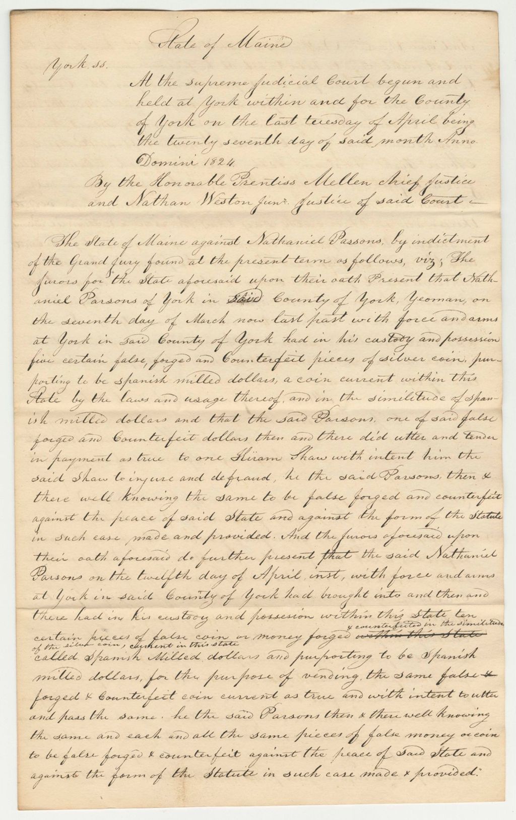 Miniature of Copy of Sentence for State of Maine vs. Nathaniel Parsons