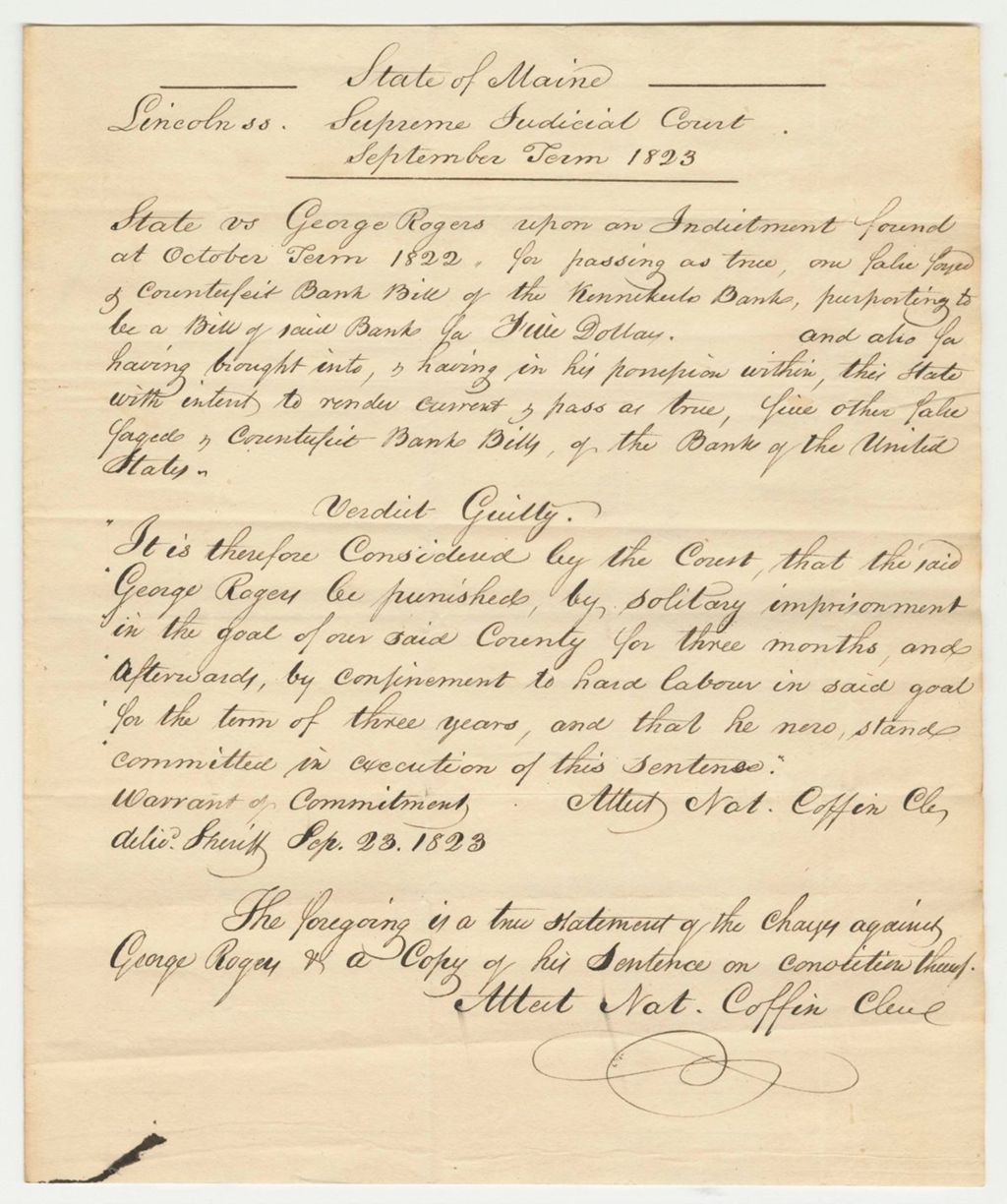 Miniature of Copy of Sentence for State of Maine vs. George Rogers