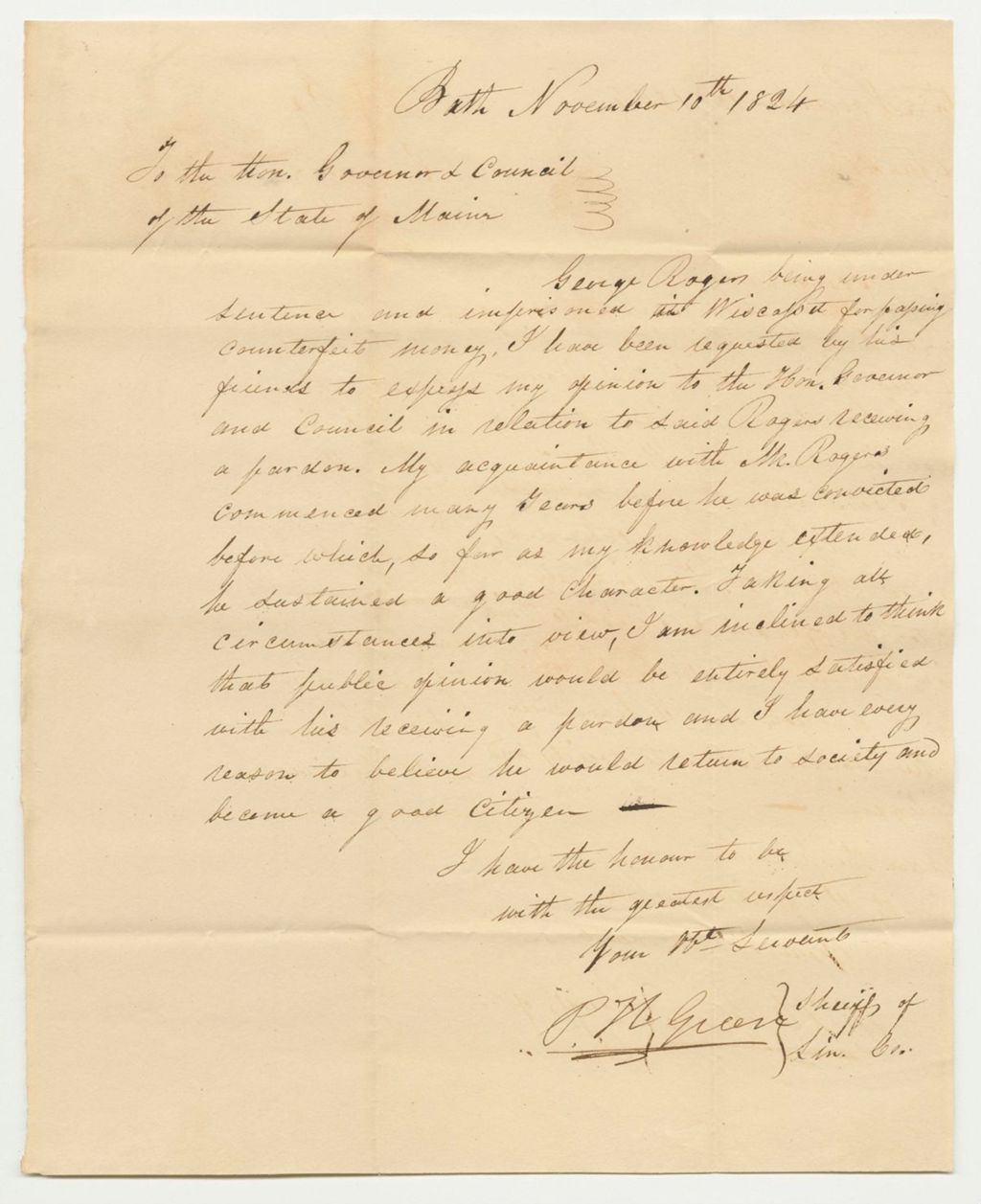 Miniature of Letter from P.H. Green, Sheriff of Lincoln County, in Favor of the Pardon for George Rogers
