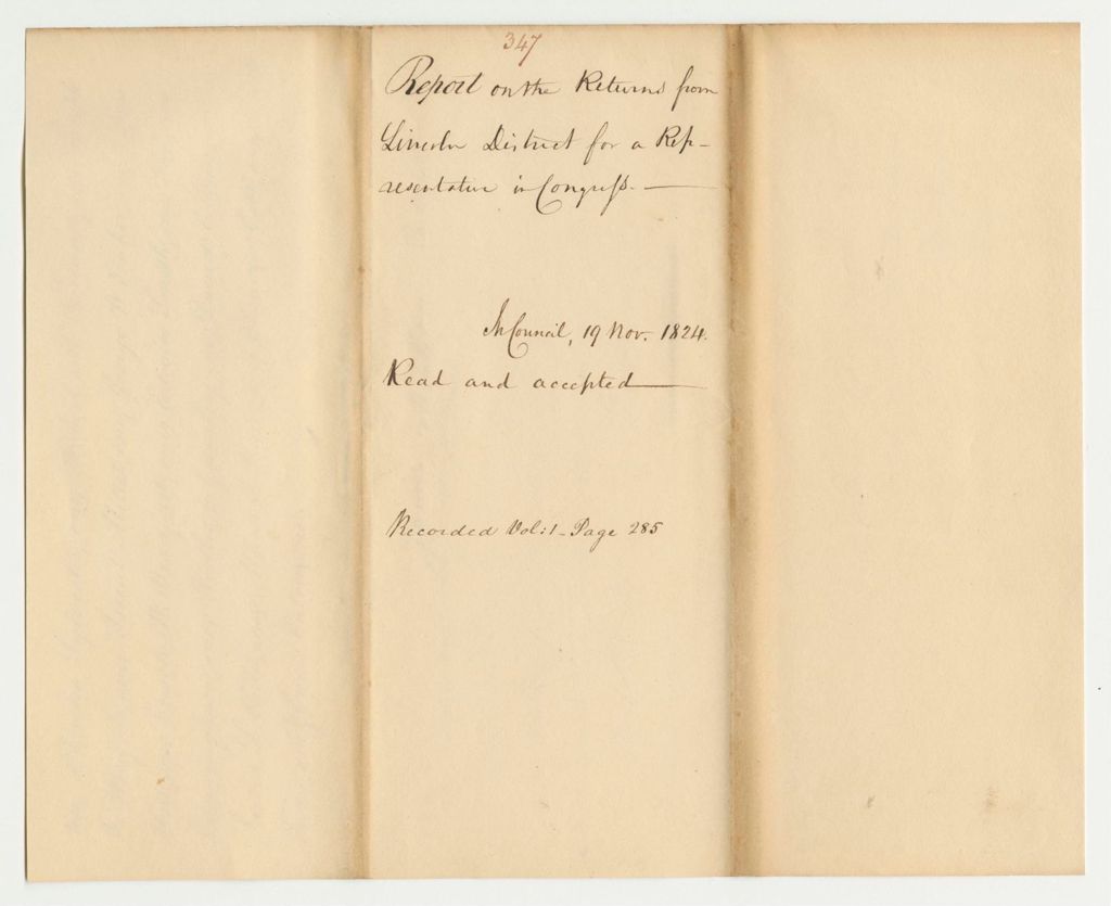 Miniature of Report 347: Report on the Returns from Lincoln District for a Representative to Congress