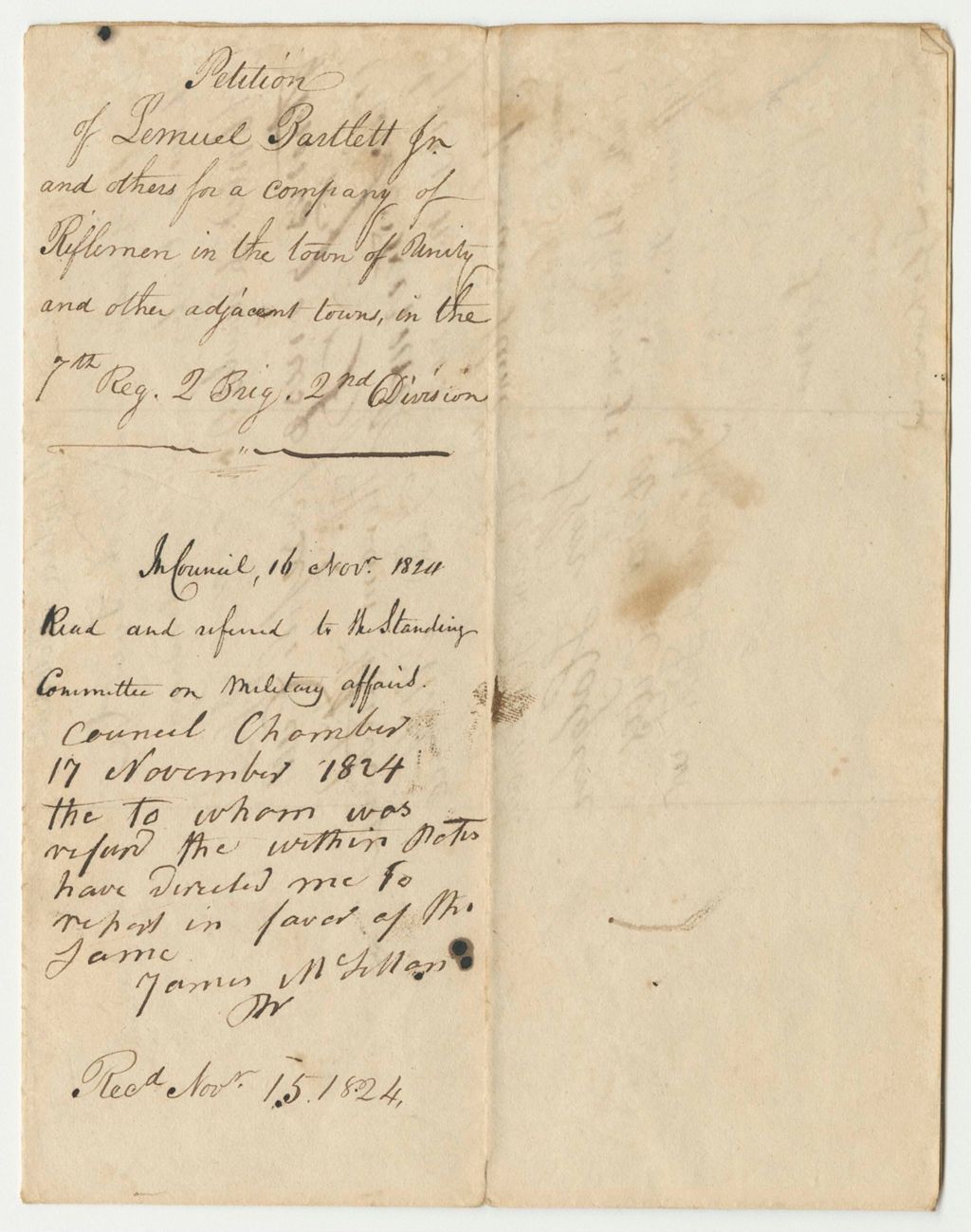 Miniature of Petition of Lemuel Bartlett Jr. and Others for a Company of Riflemen in the the Town of Unity and Other Adjacent Towns
