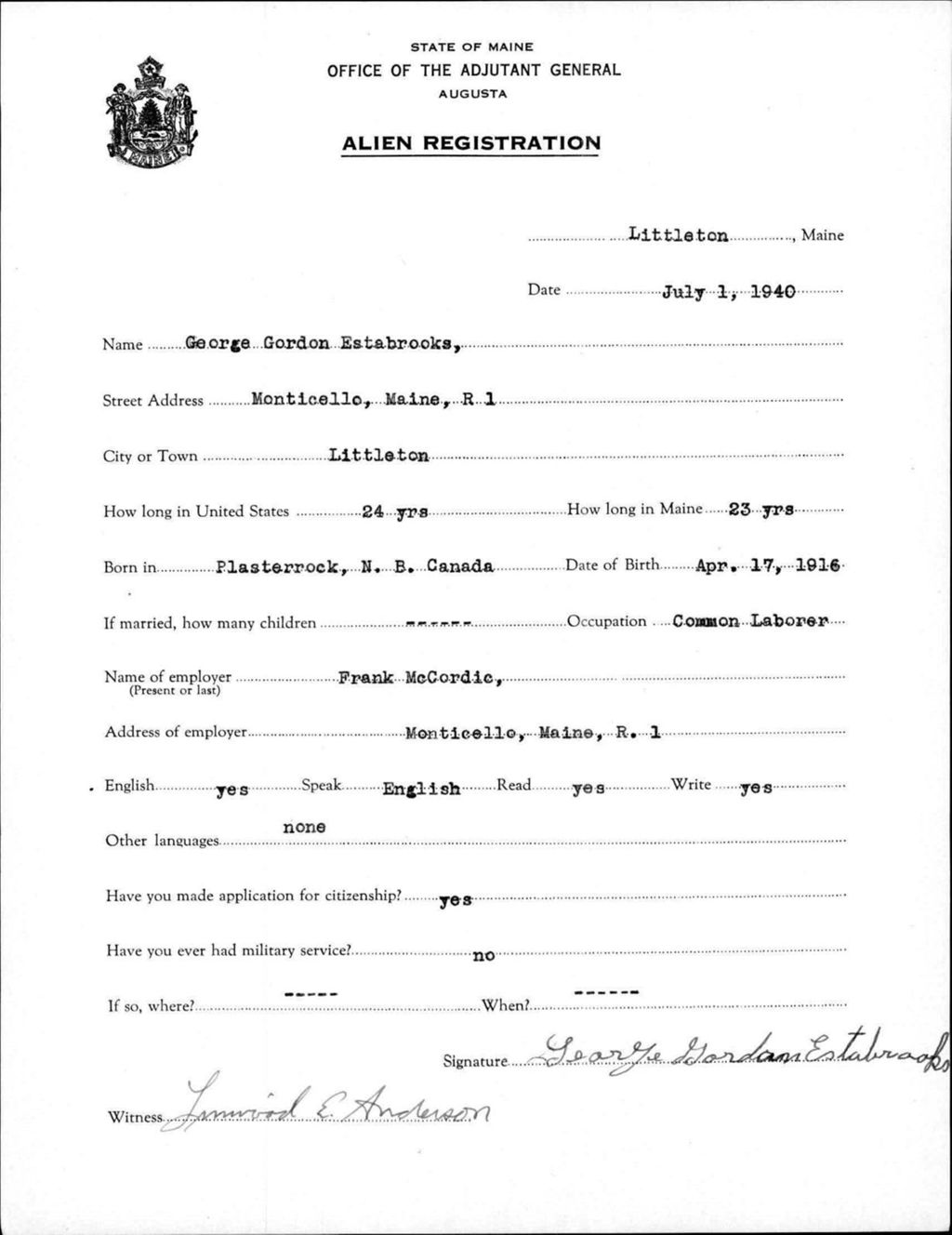 Miniature of Alien Registration- Estabrooks, George G. (Limestone, Aroostook County)