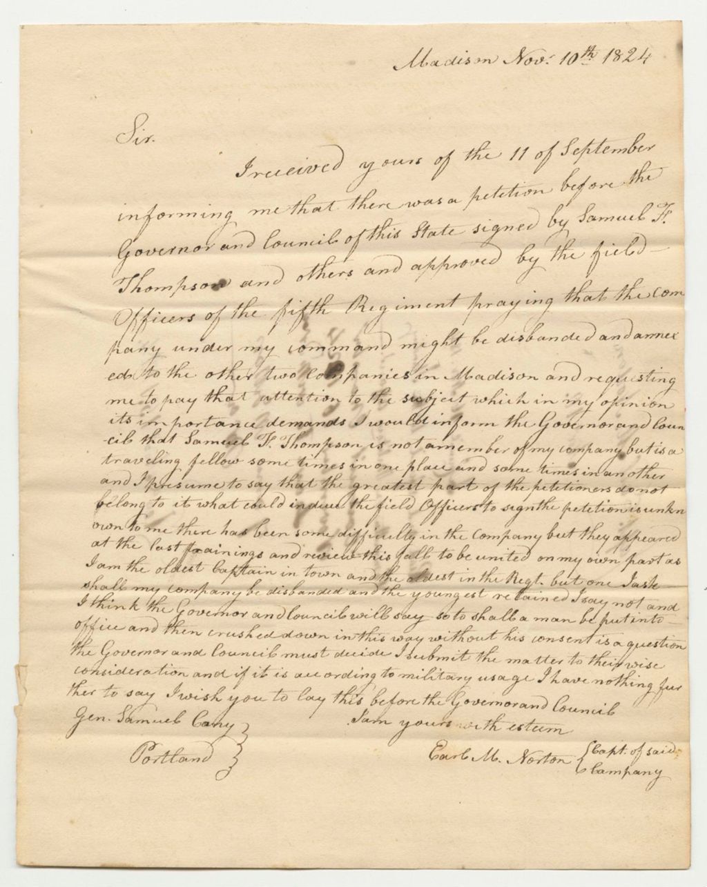 Miniature of Letter from Captain Earl M. Norton Regarding the Petition of Field Officers of His Company