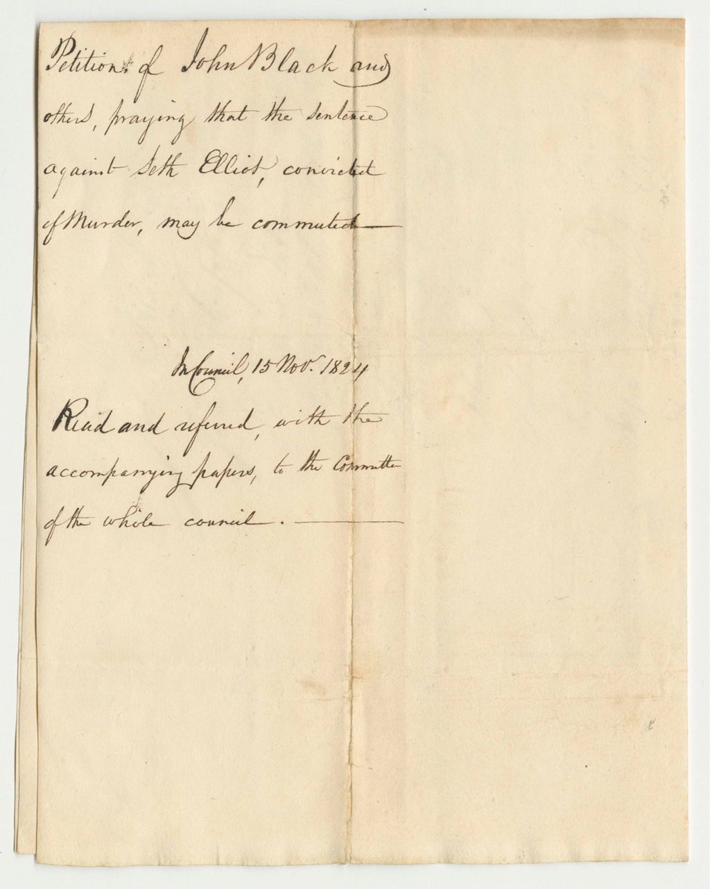 Miniature of Petition of John Black and Others, Praying that the Sentence Against Seth Elliot, Convicted of Murder, May Be Commuted